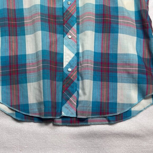 Wrangler Mens Med‎ Western Pearl Snap Short Sleeve Shirt Blue Red Plaid Grandpa - Picture 10 of 13